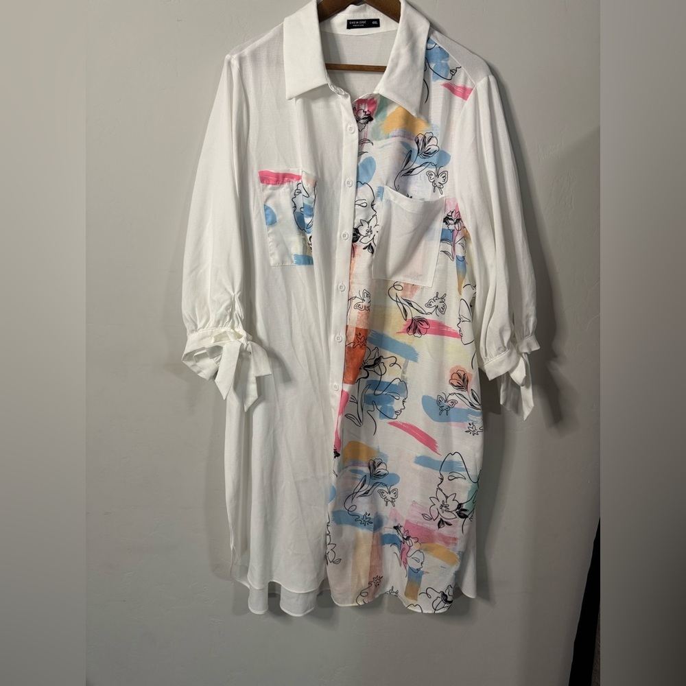 Shein -  White Floral Tunic Shirt